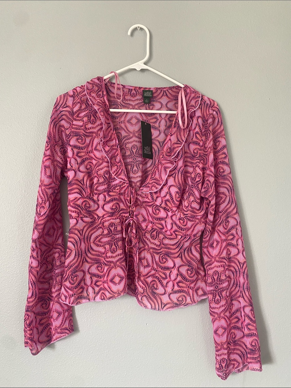 wild fable Pink Patterned Ruffle V-Neck Tie-Front Blouse
